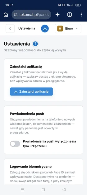 Install app button in the panel settings