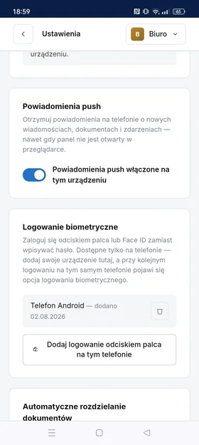 Turning on push notifications and biometric login in the panel settings