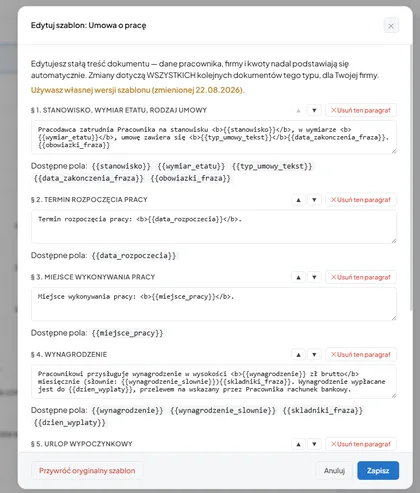 Edycja stałej treści szablonu umowy o pracę, paragraf po paragrafie