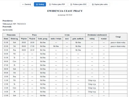 Wygenerowana ewidencja czasu pracy za dany miesiąc
