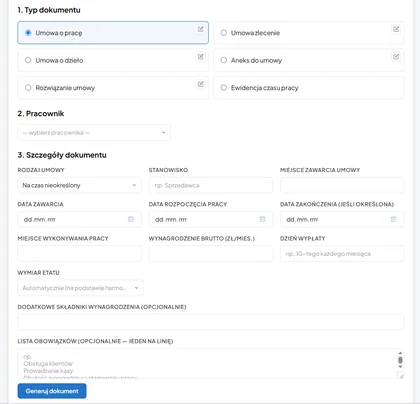 Formularz generatora — typ dokumentu, pracownik i szczegóły umowy