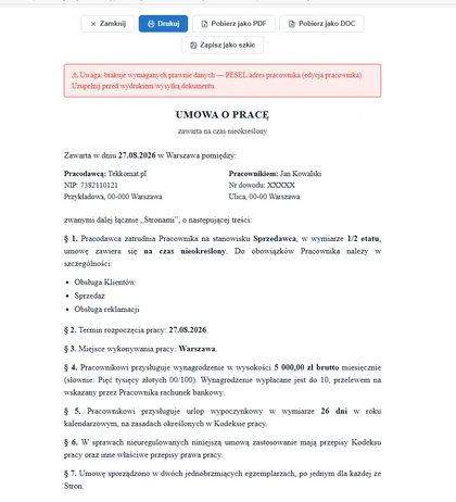 Gotowa, wygenerowana umowa o pracę, z opcjami druku i pobrania