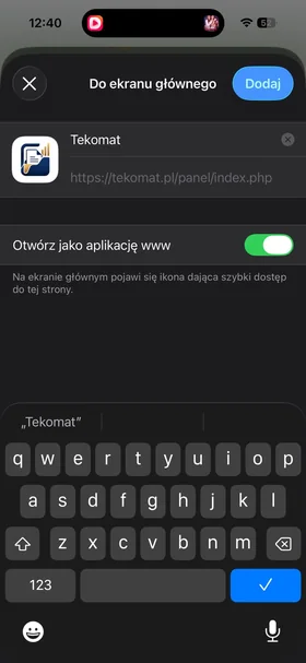 Confirming adding the Tekomat app to the home screen