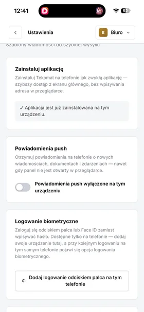 Panel settings — app installed, push notifications and biometric login