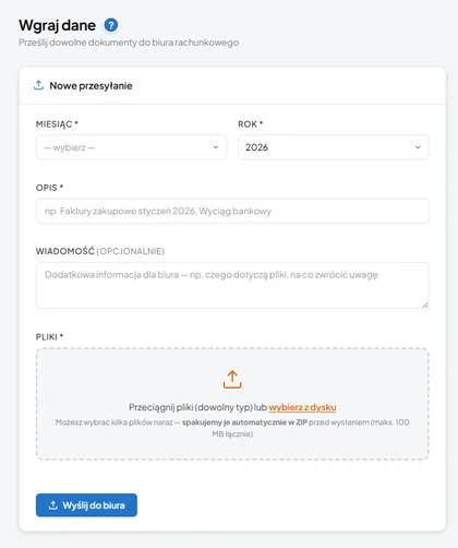 Form for uploading any files to the accounting office, with a description and a message