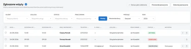 Wizyty zarezerwowane samodzielnie przez klientów przez publiczną stronę rezerwacji, gotowe do potwierdzenia
