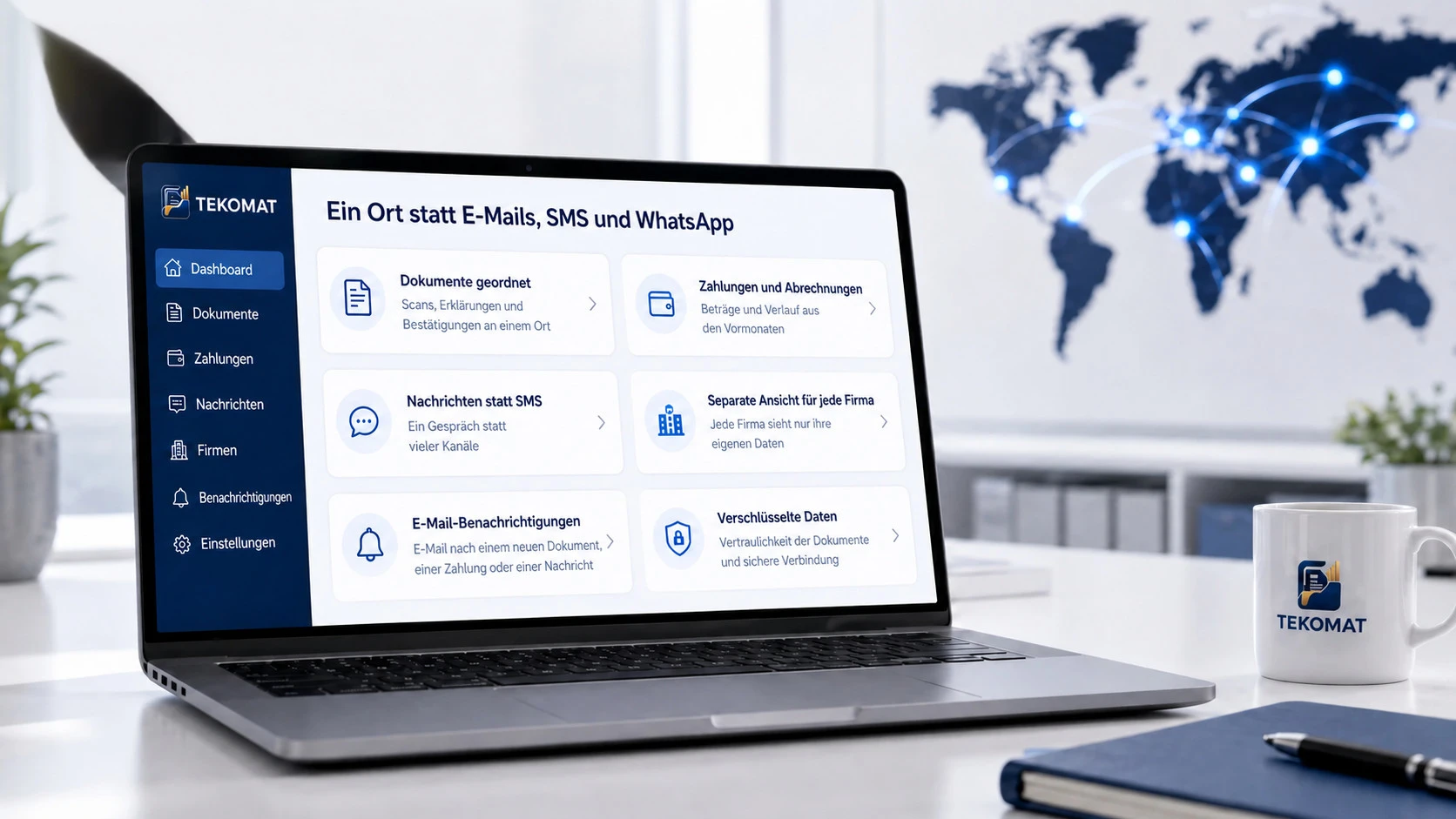 Tekomat-Portal auf dem Laptop — ein Ort statt E-Mails, SMS und WhatsApp
